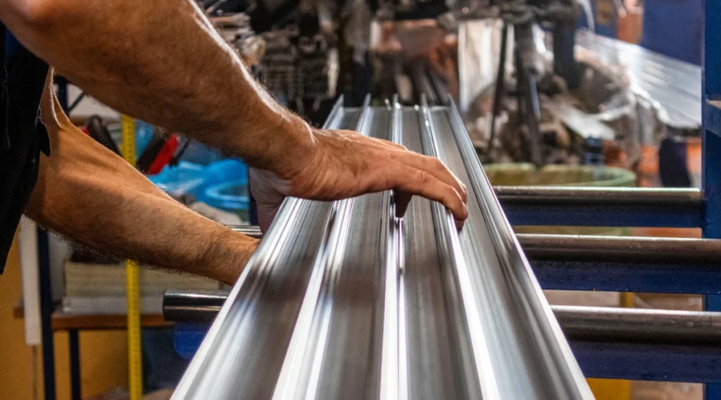 Técnico a verificar perfis metálicos na fábrica da Rodrigues & Almeida, garantindo a qualidade certificada que sustenta as suas certificações PME Líder, PME Excelência e PME Prestígio.